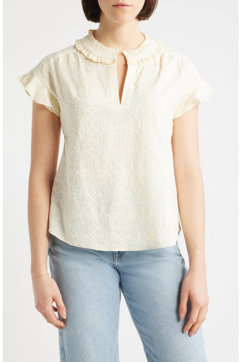 Embroidered Split Neck Top, Main, color, LIGHT LEMON LUSH