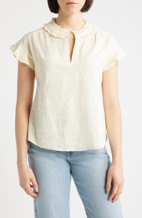 Embroidered Split Neck Top