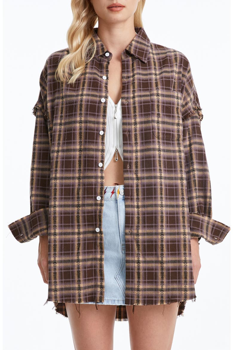 Plaid Fray Oversize Shirt, Main, color, BROWN/ KHAKI PLAID