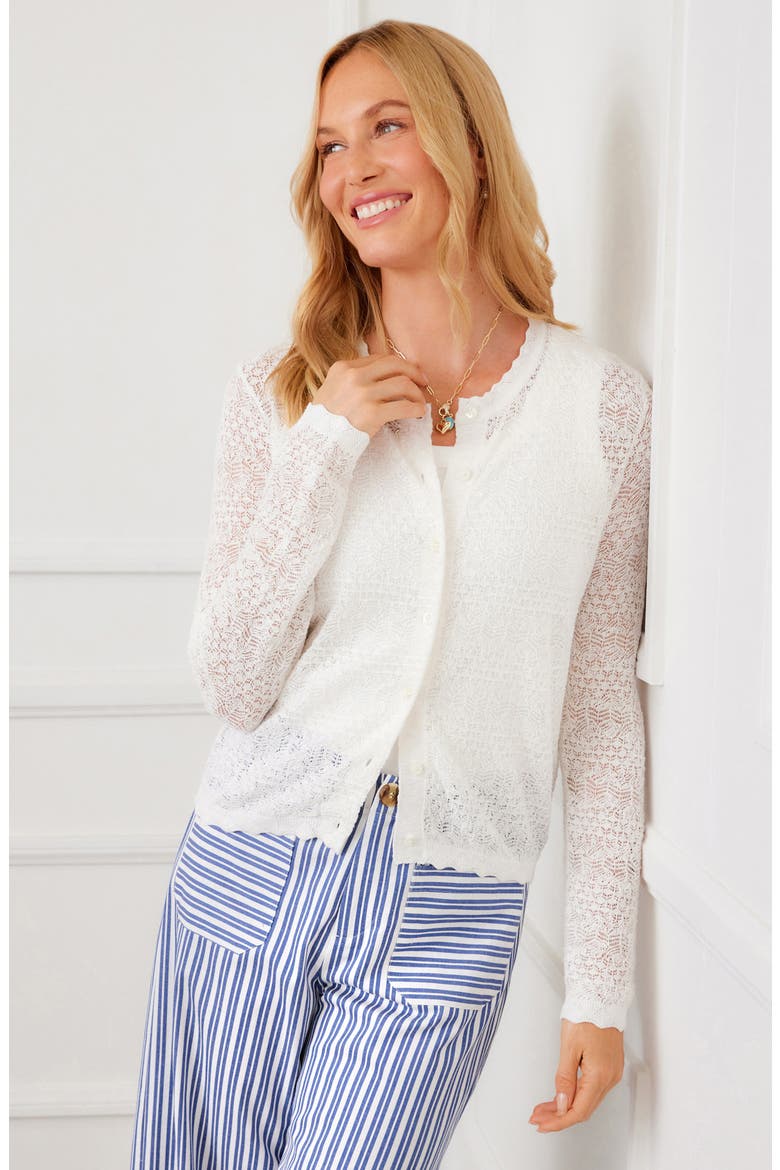 Pointelle Stitch Cotton Blend Cardigan, Alternate, color, WHITE