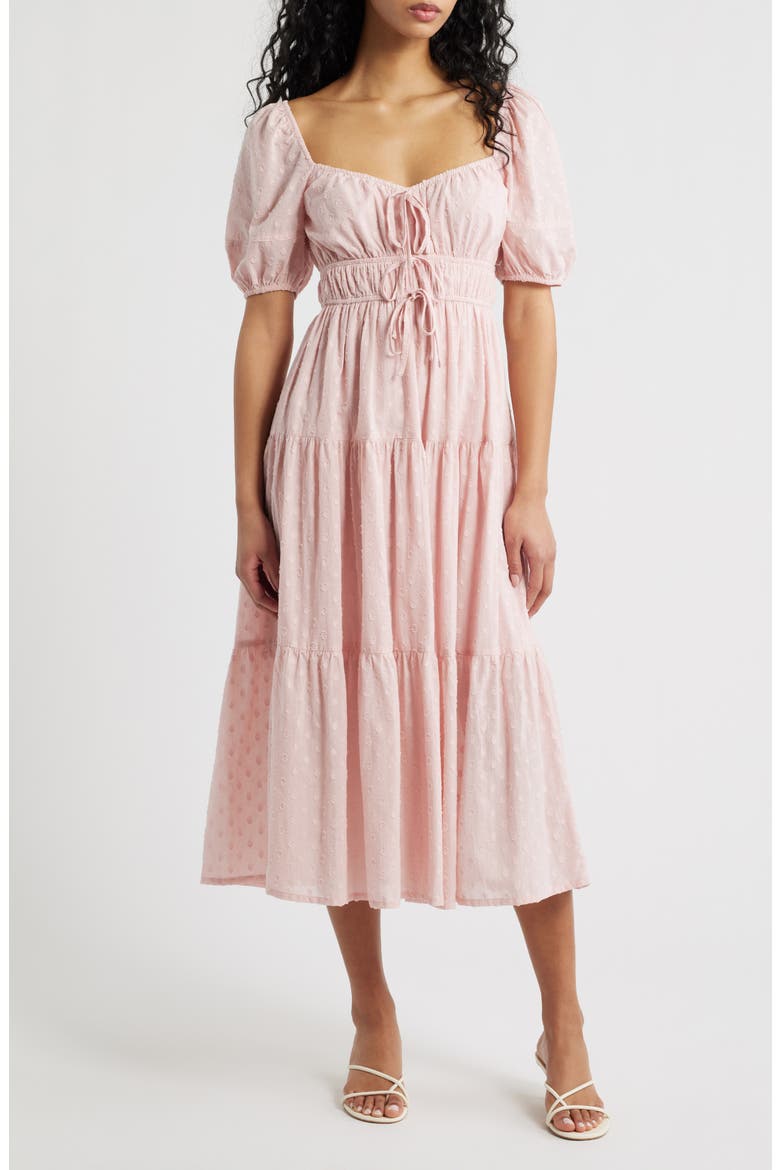 Puff Sleeve Tiered Cotton Midi Dress, Main, color, PINK