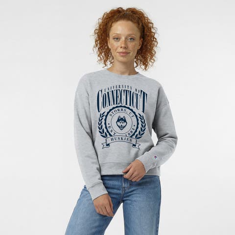 Women's Champion Heather Gray UConn Huskies Academic Crest Powerblend Crewneck Sweatshirt