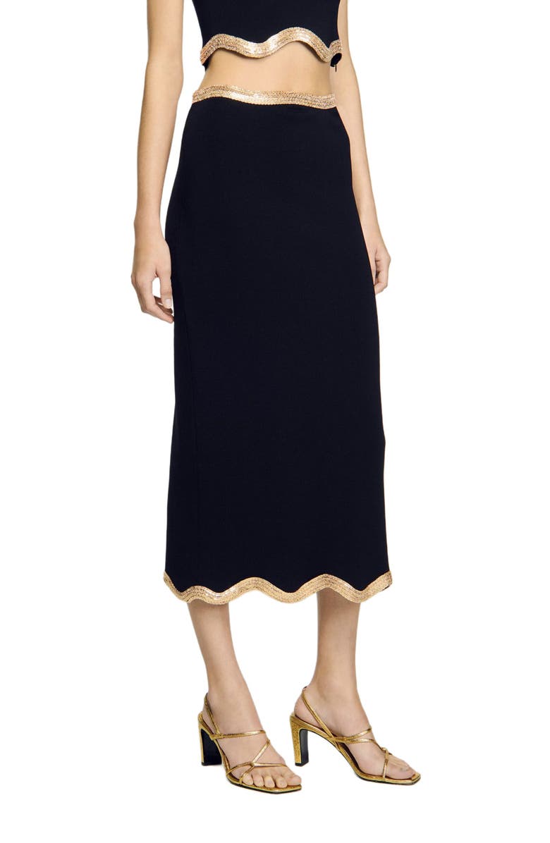 SANDRO Long knitted skirt with chain detail, Main, color, Black
