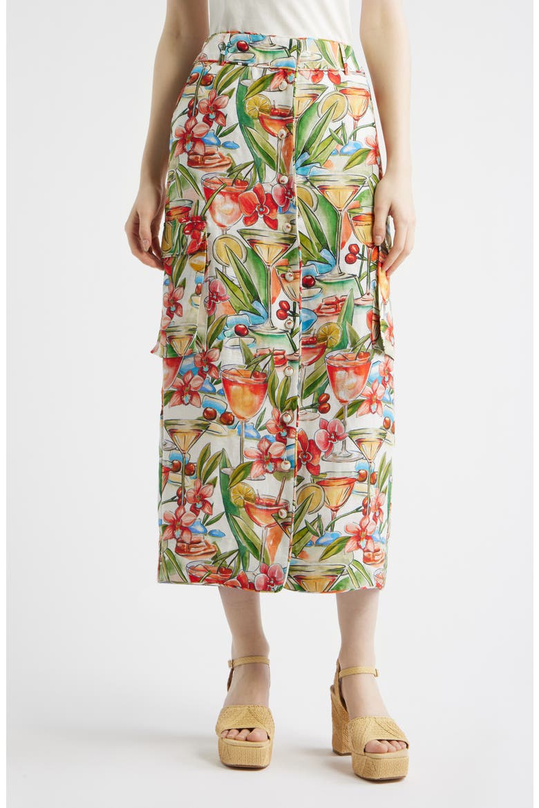 Cocktail Print Linen Midi Skirt, Main, color, OFF-WHITE