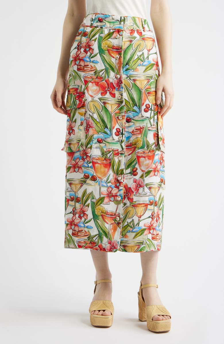 FARM Rio Cocktail Print Linen Midi Skirt, Main, color, Off-White
