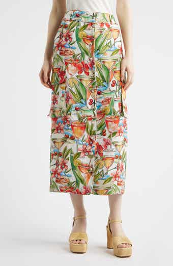 Cocktail Print Linen Midi Skirt
