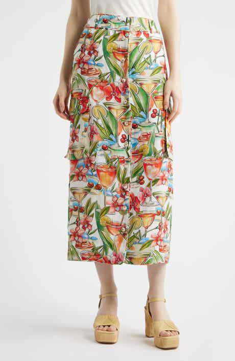 Cocktail Print Linen Midi Skirt
