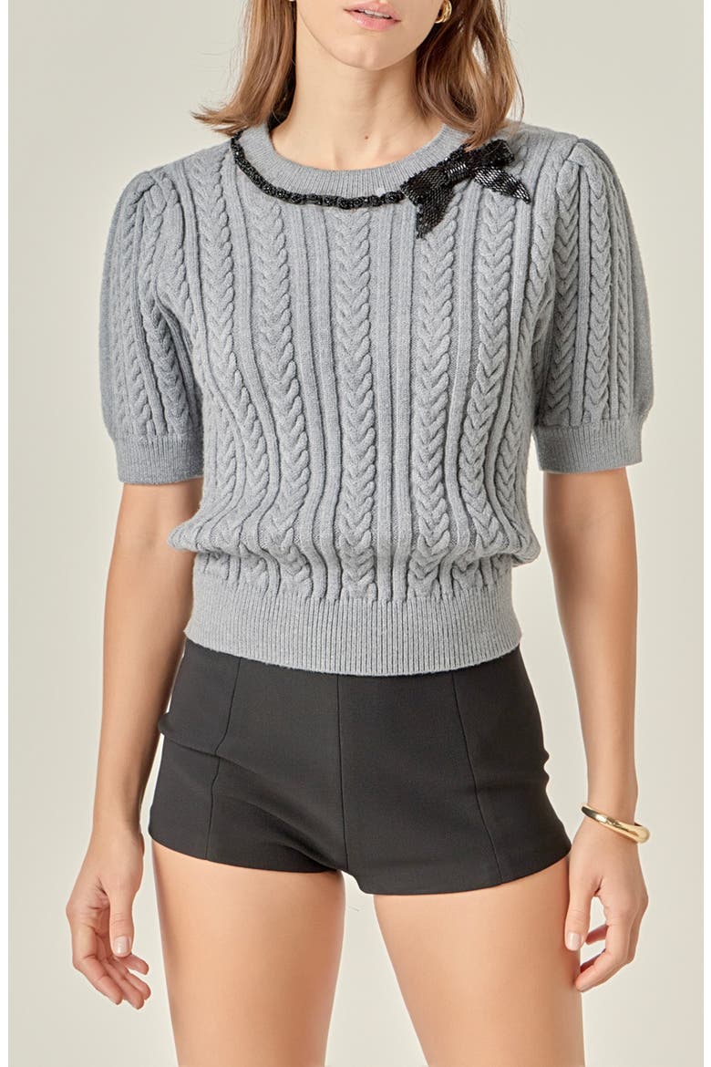Big Bow Puff Sleeve Sweater, Main, color, HEATHER GREY