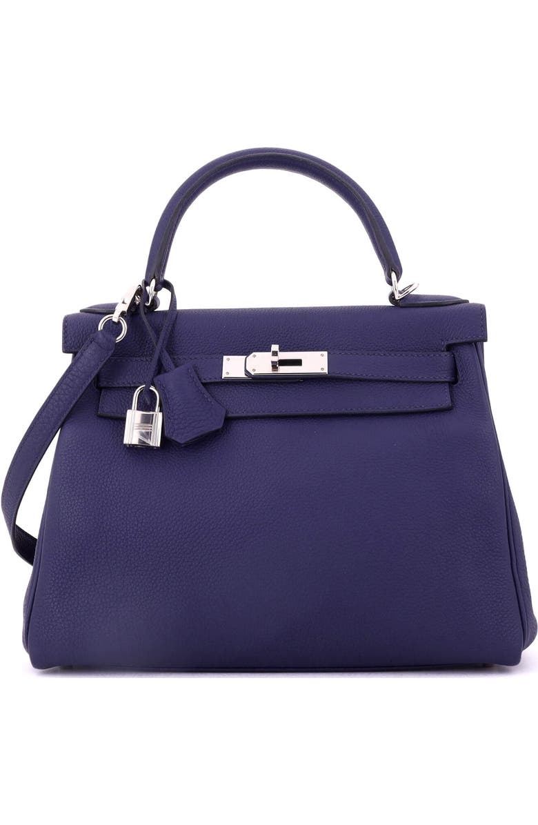 Pre-Owned Hermes Kelly Handbag Blue Togo with Palladium Hardware 28, Main, color, Bleu Encre