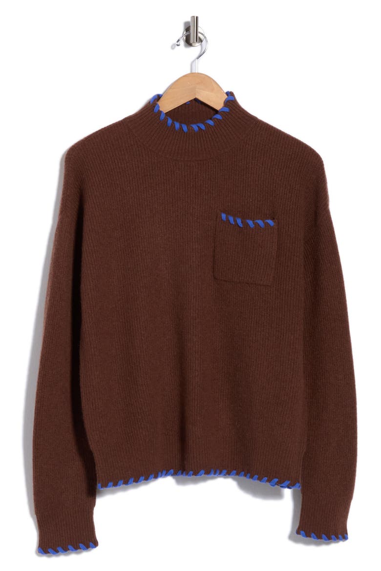 Whipstitch Mock Neck Wool & Cashmere Sweater, Alternate, color, COFFEE BROWN W/ BLUE CINEMA