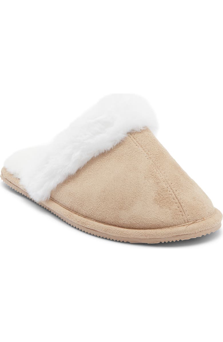 Børn Faux Suede & Faux Fur Scuff Slipper, Main, color, Latte