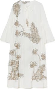 Marina Rinaldi York Metallic Floral Crystal Detail Long Sleeve Cotton Dress