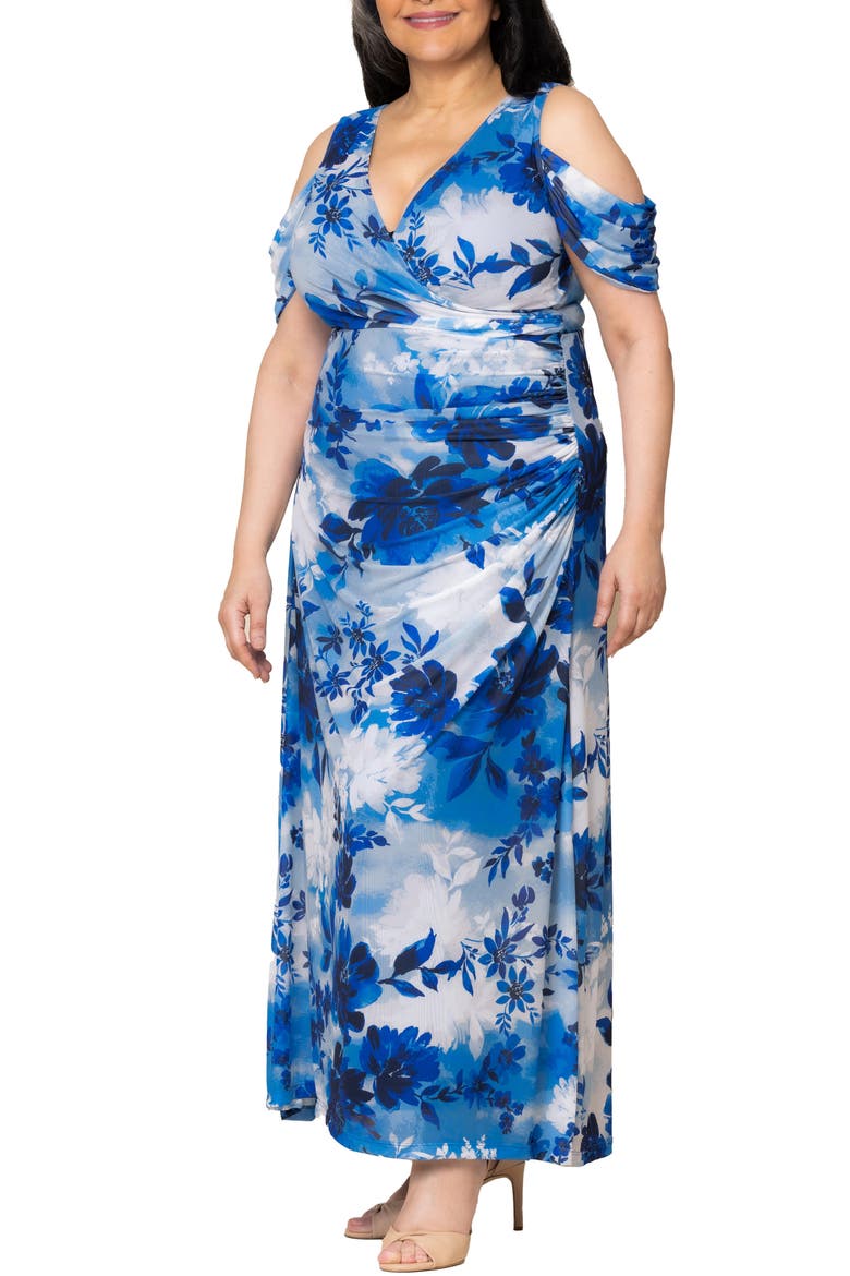 Seraphina Cold Shoulder Mesh Gown, Alternate, color, PURE BLUE BOUQUET