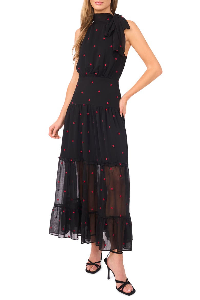 Embroidered Sleeveless Tiered Maxi Dress, Main, color, RICH BLACK