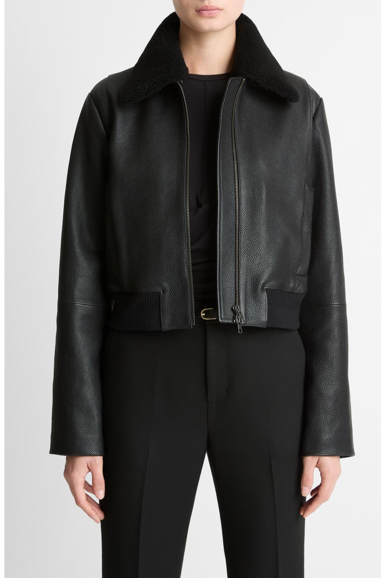 Shrunken Leather Jacket with Genuine Shearling Collar, Main, color, BLACK