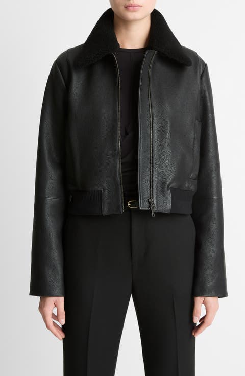 Shrunken Leather Jacket with Genuine Shearling Collar