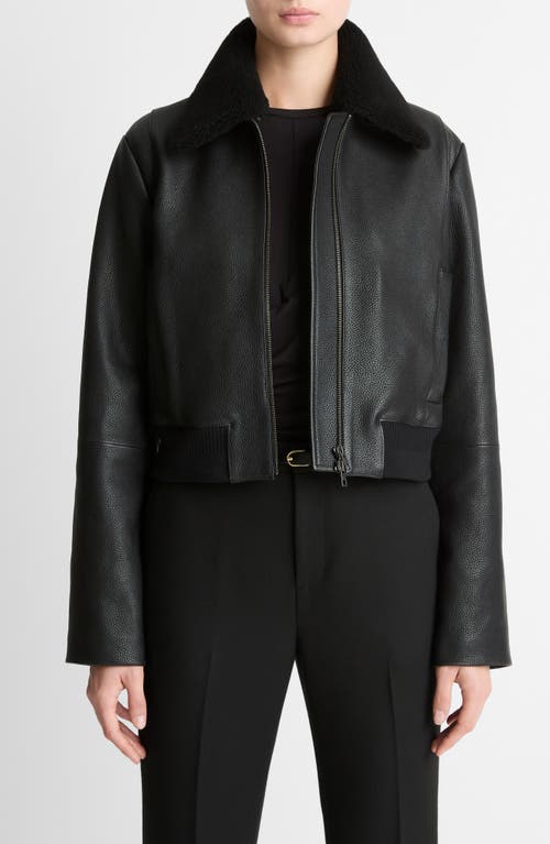 Vince Shrunken Leather Jacket With Genuine Shearling Collar In Black