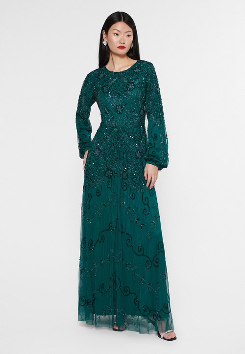 Maryisa Embellished Sequin Beaded Crew Neck Dress In Emerald Green
