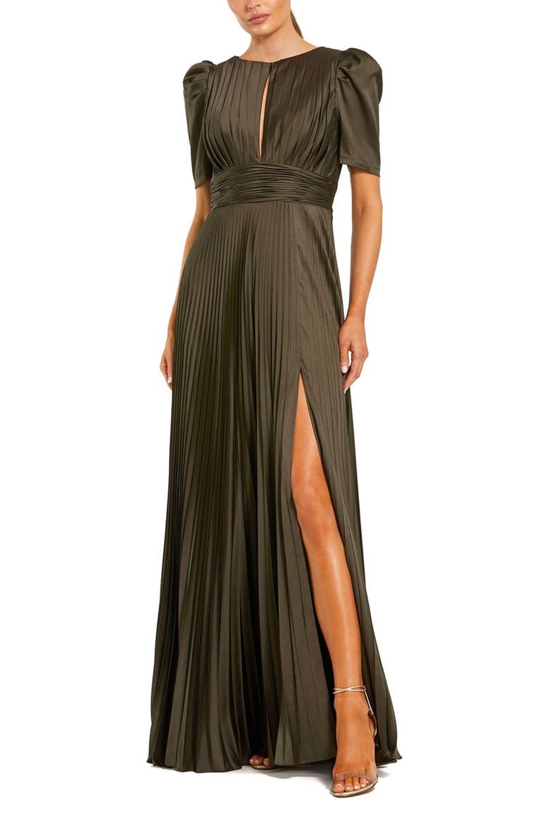 Petite Pleated Charmeuse Keyhole Puff Sleeve Evening Gown, Main, color, Olive