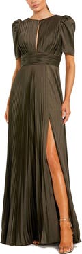 Mac Duggal Petite Pleated Charmeuse Keyhole Puff Sleeve Evening Gown