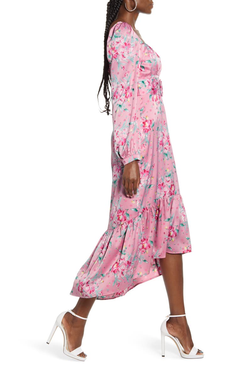 Floral Belted Bustier Long Sleeve Satin Ruffle Dress, Alternate, color, PINK FLORAL DOT JACQUARD