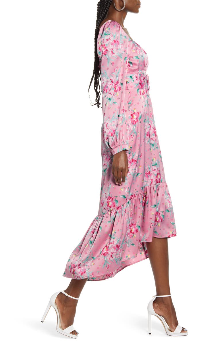 WAYF Floral Belted Bustier Long Sleeve Satin Ruffle Dress, Alternate, color,