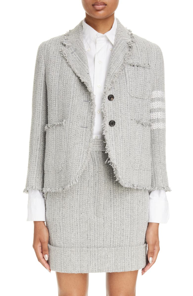 Thom Browne 4-Bar Unconstructed Shrunken Tweed Blazer, Main, color, Medium Grey