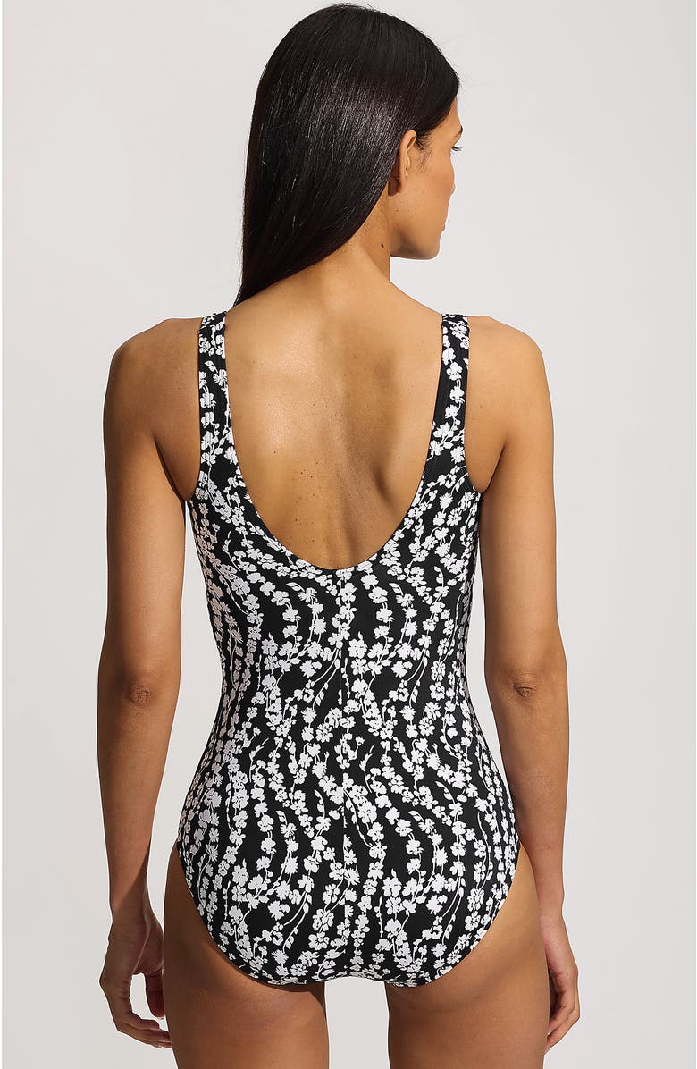 Lands' End D-Cup Chlorine Resistant Scoop Neck Soft Cup Tugless Sporty One Piece Swimsuit Print, Alternate, color, Black/White Vine Floral