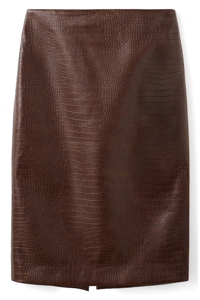 Croc-Embossed Faux Leather Midi Skirt, Alternate, color, BROWN