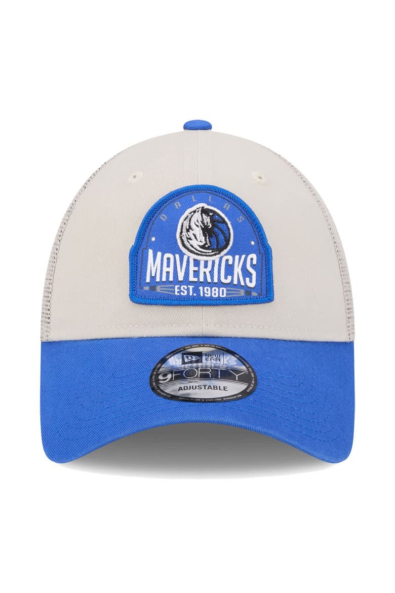 Men's New Era Khaki/Blue Dallas Mavericks Throwback Patch Trucker 9FORTY Adjustable Hat, Alternate, color, Khaki