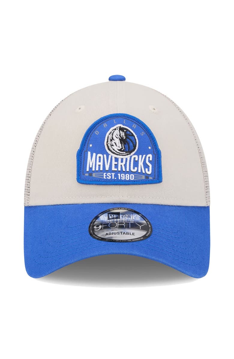 New Era Men's New Era Khaki/Blue Dallas Mavericks Throwback Patch Trucker 9FORTY Adjustable Hat, Alternate, color, Khaki
