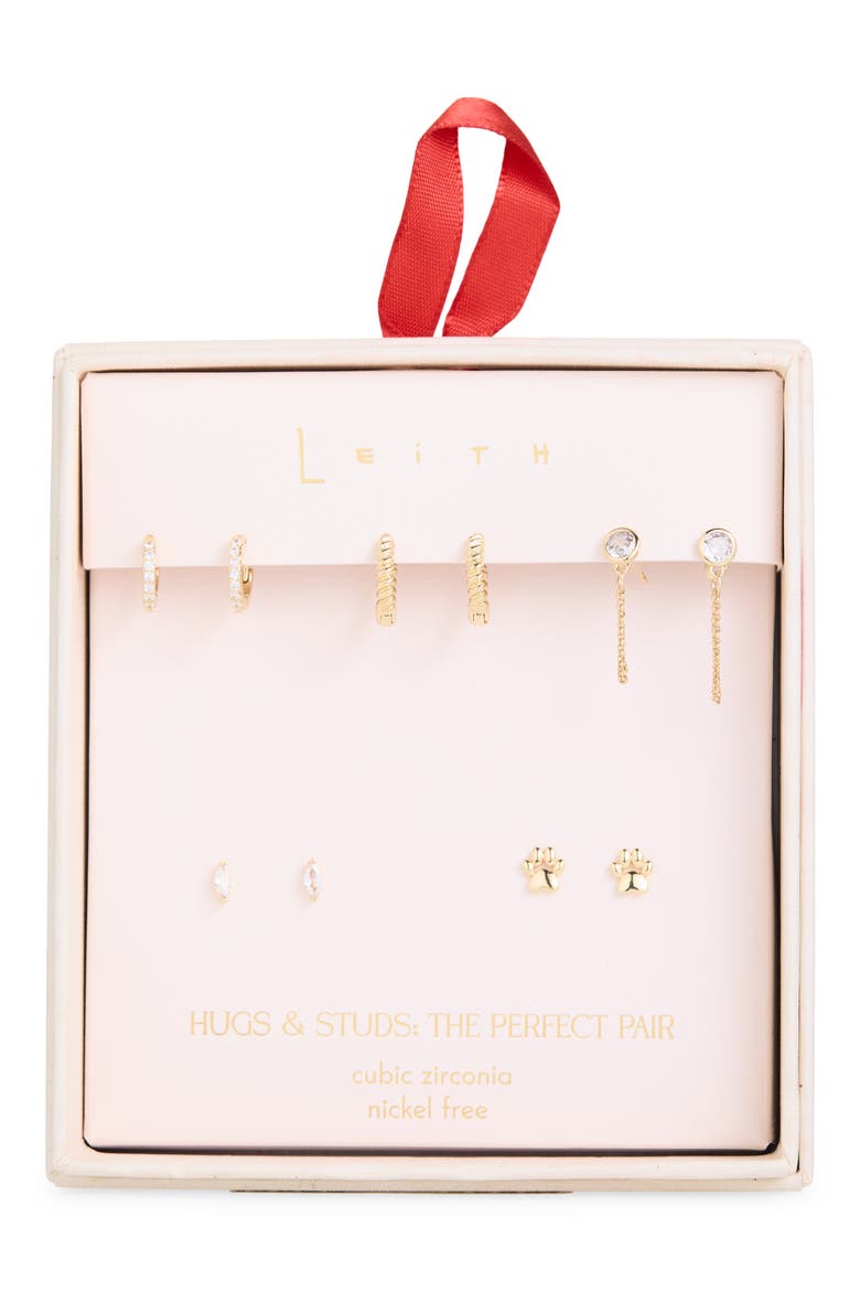 Set of 5 Cubic Zirconia Paw Print Stud & Hoop Earrings, Main, color, CLEAR- GOLD