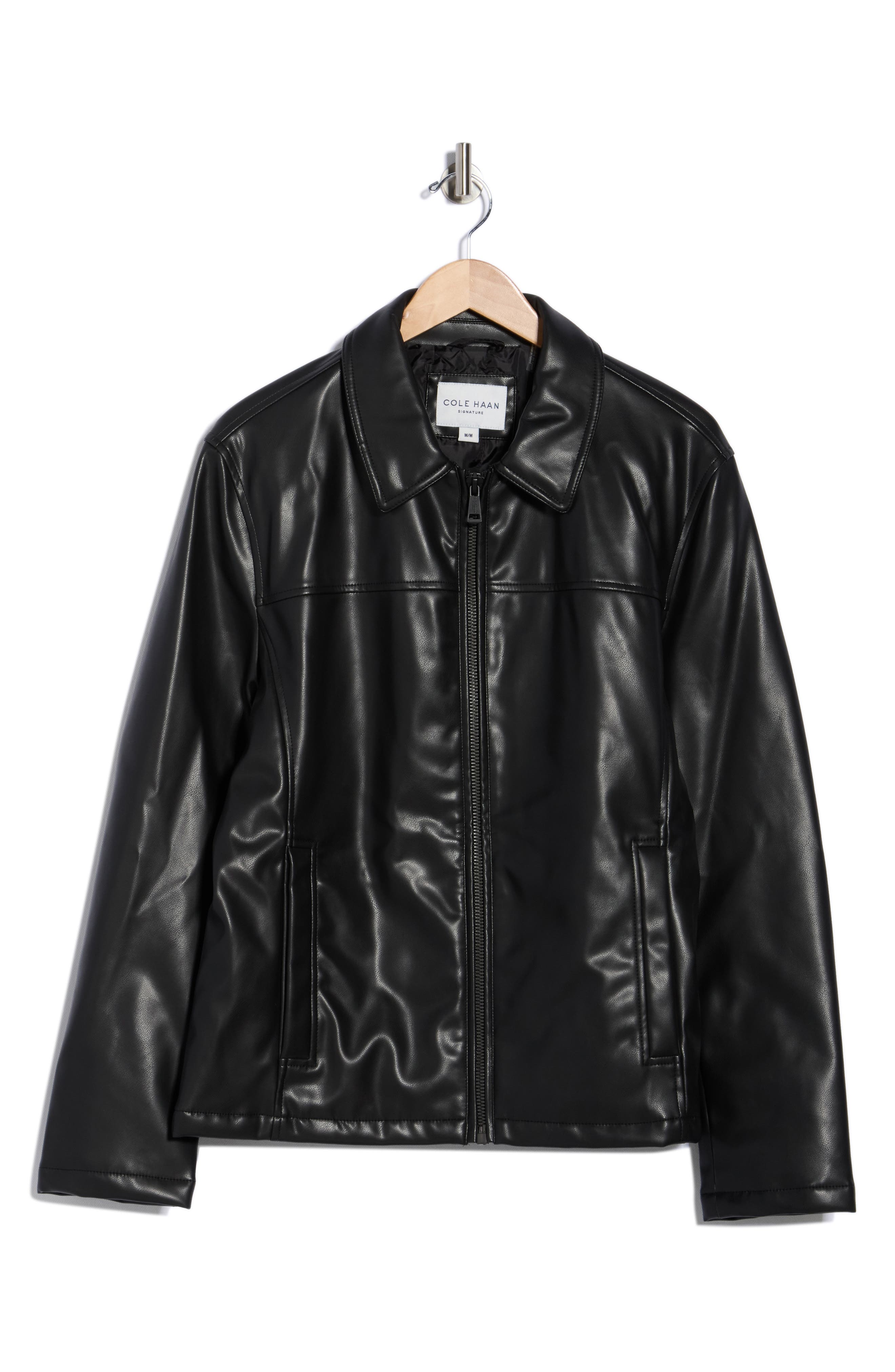 COLE HAAN ブラックレザージャケット Cole Haan Collared Open Bottom Faux Leather Jacket (Men