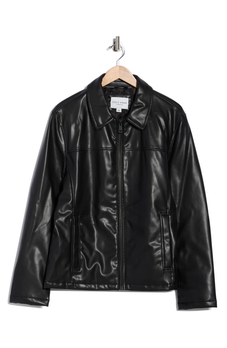 Cole Haan Signature Cole Haan Collared Open Bottom Faux Leather Jacket, Alternate, color, Black