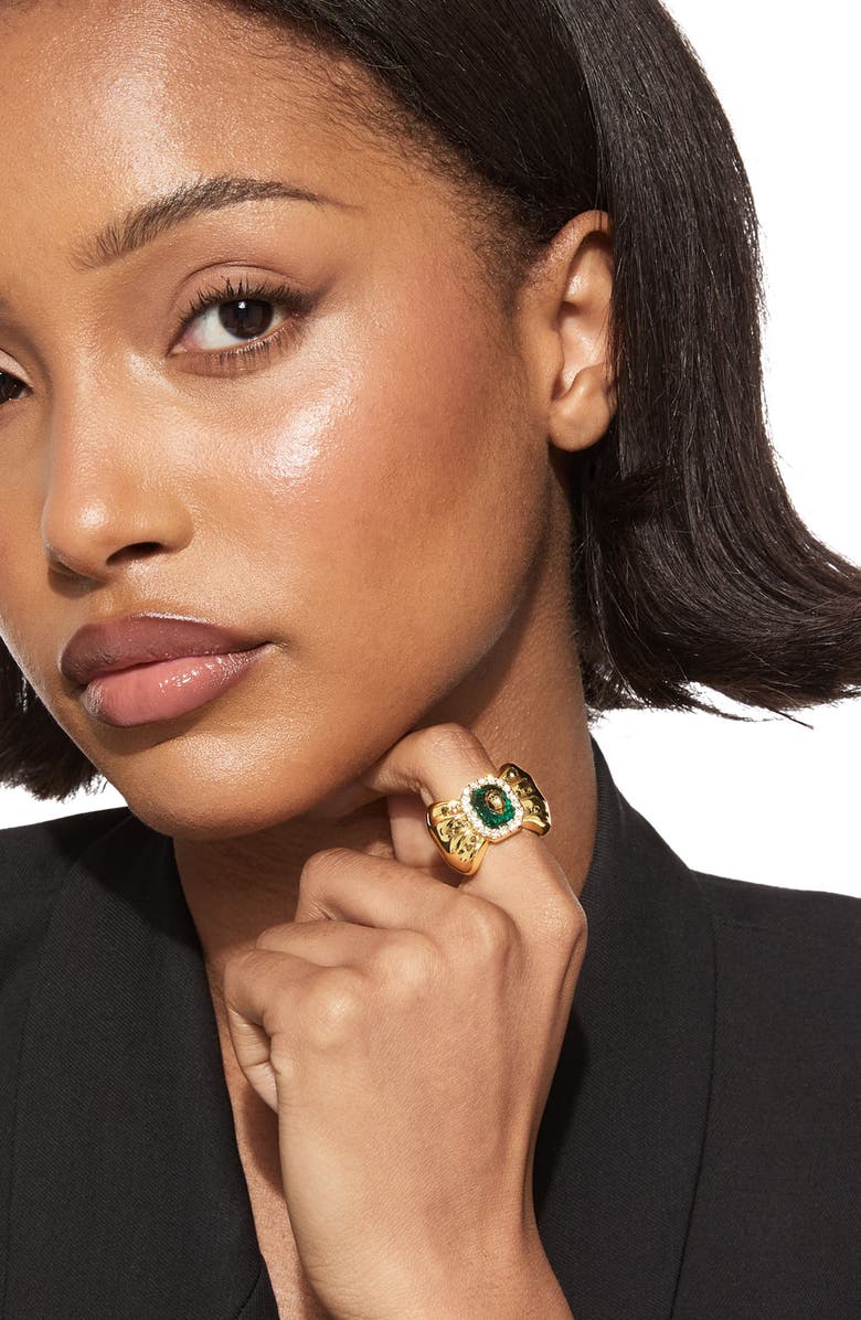 Kurt Geiger London Bow Crystal Cocktail Ring, Alternate, color, Gold/ Green