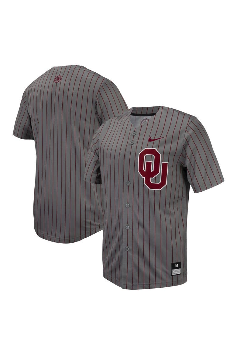 Men's Nike Steel Gray Oklahoma Sooners Pinstripe Replica Full-Button Baseball Jersey, Main, color, Anthracite
