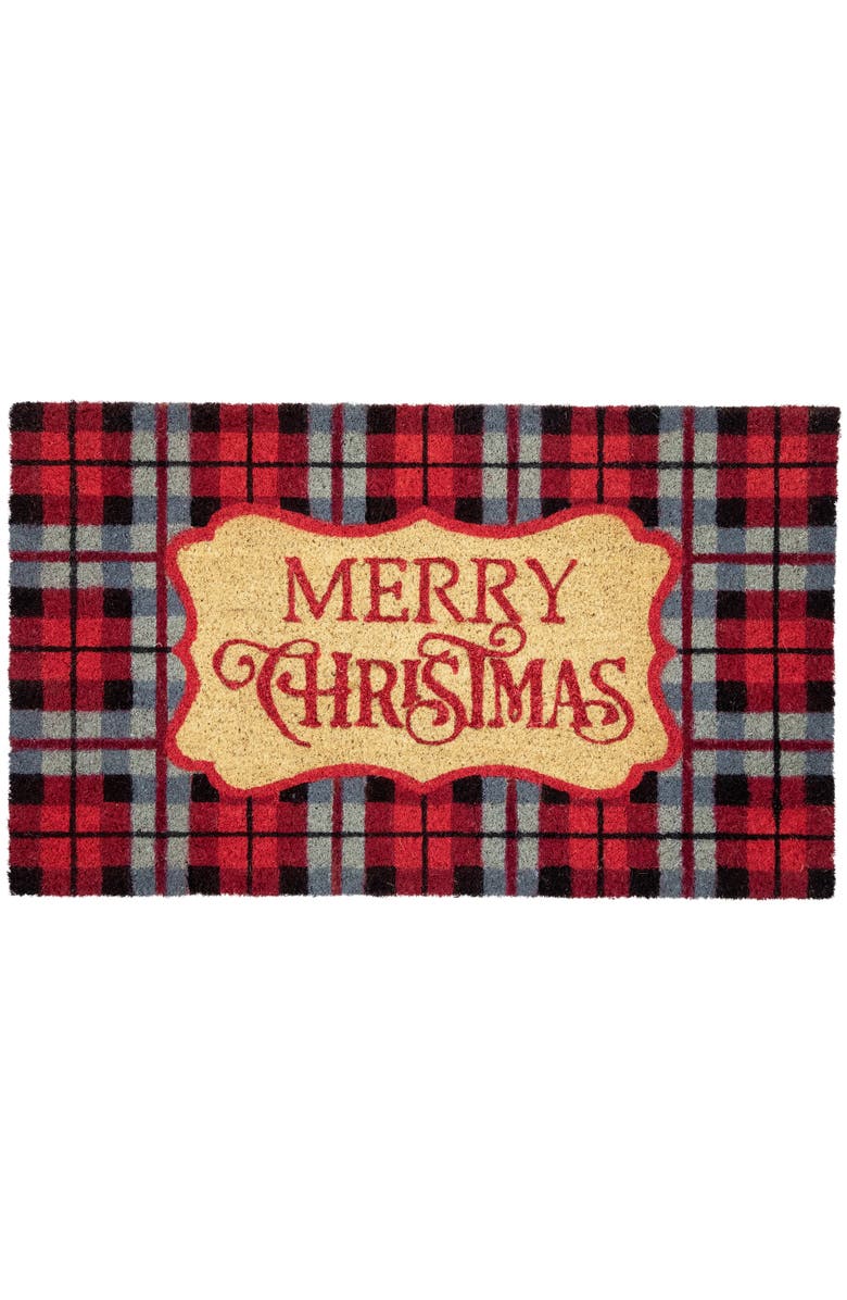 Northlight Plaid "Merry Christmas" Outdoor Coir Doormat - 18" x 30" - Black and Red, Main, color, Red