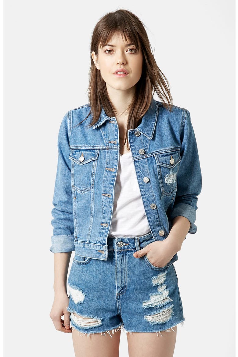 Moto 'Tilda' Denim Jacket, Main, color, MID DENIM