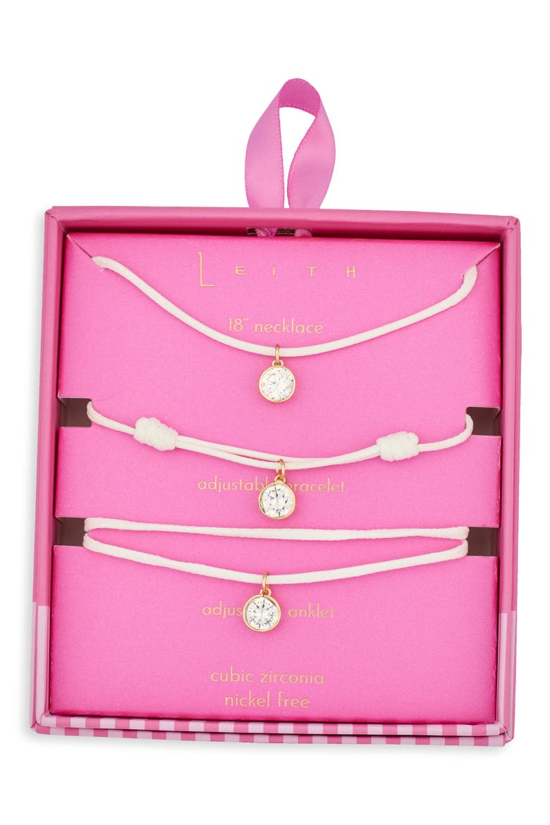 Cubic Zirconia Cord Necklace, Bracelet & Anklet Set, Main, color, WHITE- CLEAR- GOLD