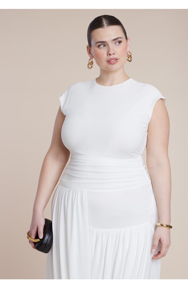 ELOQUII Drape Detail Fitted Mesh Dress, Alternate, color, Jet Stream