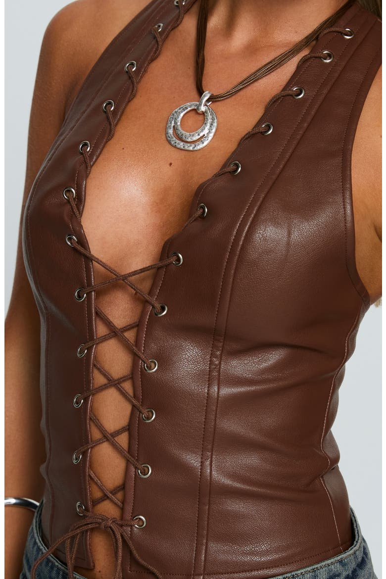Light On Lace-Up Faux Leather Halter Top, Alternate, color, CHOCOLATE