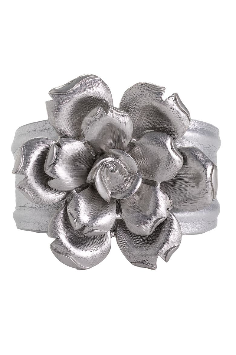 Metal Flower Leather Cuff, Main, color, HEMATITE/ GREY