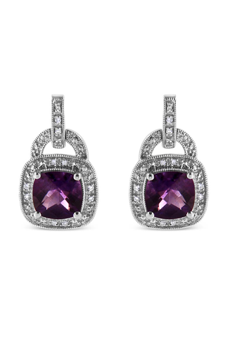 Silver 8MM Natural Cushion Shaped Amethyst Diamond Accent Halo Dangle Earrings, Main, color, White