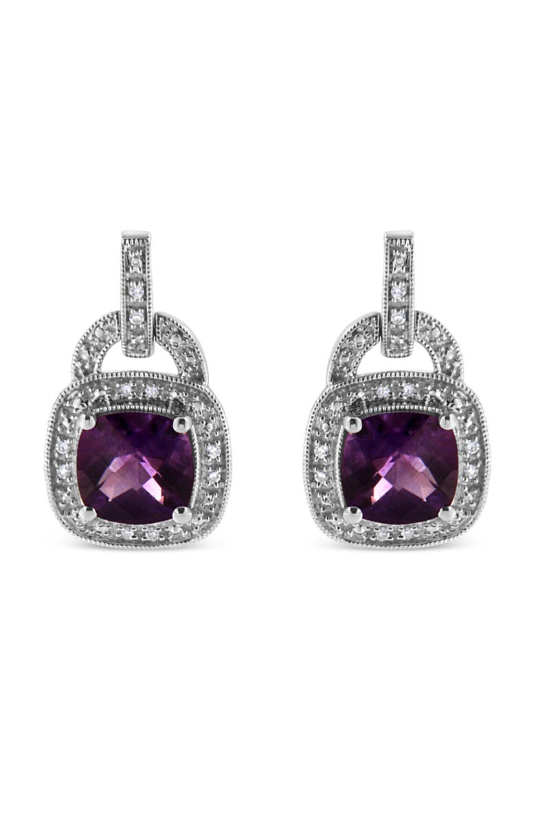 Haus of Brilliance Silver 8MM Natural Cushion Shaped Amethyst Diamond Accent Halo Dangle Earrings, Main, color, White