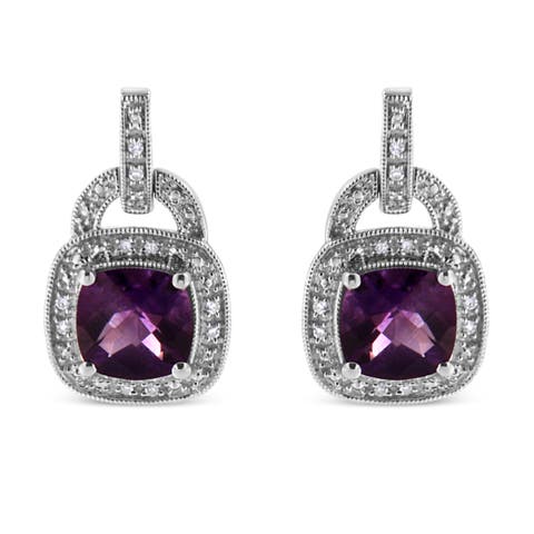Silver 8MM Natural Cushion Shaped Amethyst Diamond Accent Halo Dangle Earrings