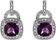 Haus of Brilliance Silver 8MM Natural Cushion Shaped Amethyst Diamond Accent Halo Dangle Earrings