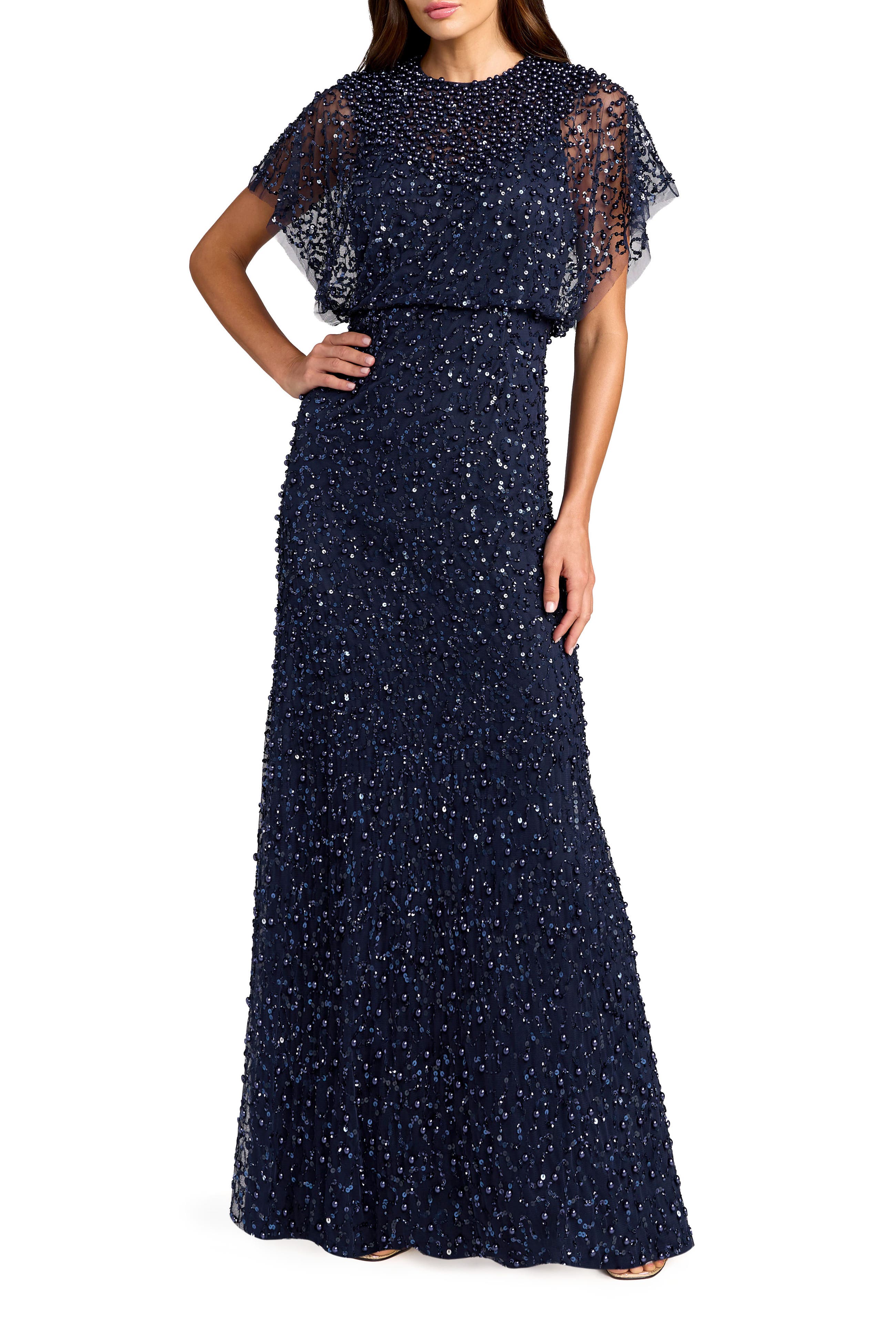 Beaded Mesh Gown With Shawl - image 5