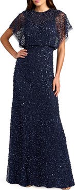 Mac Duggal Beaded Mesh Gown With Shawl
