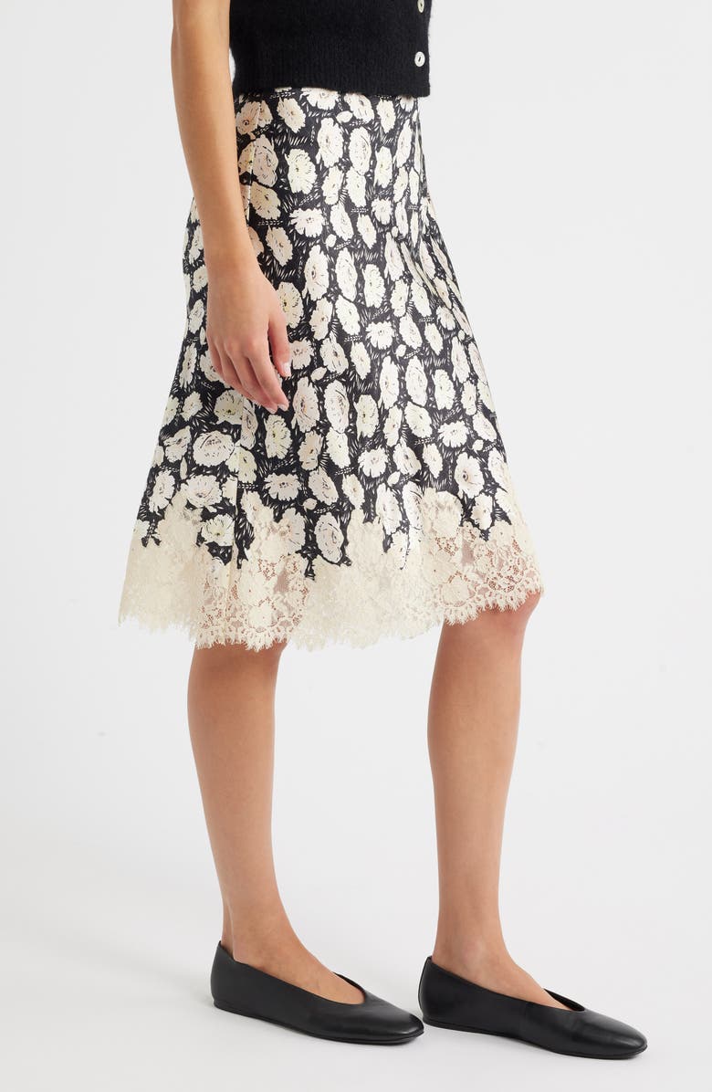 DÔEN Elowette Floral Lace Hem Silk Skirt, Alternate, color, Noir Fleurs D'anemone