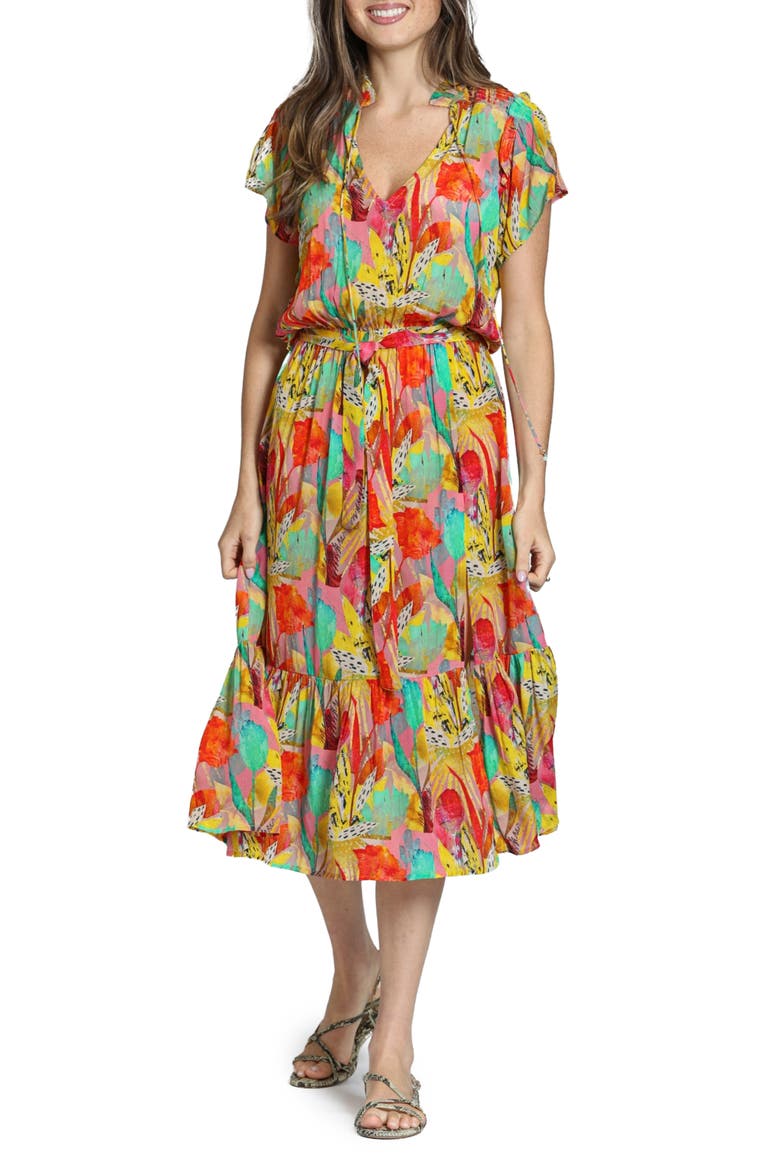Print Short Sleeve Midi Dress, Main, color, YELLOW/ ORANGE MULTI